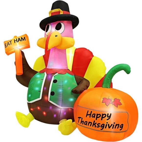 6FT Inflatable Turkey Blow Up with Built-in Colorful LED Rotating Lights - Picture 2 of 12